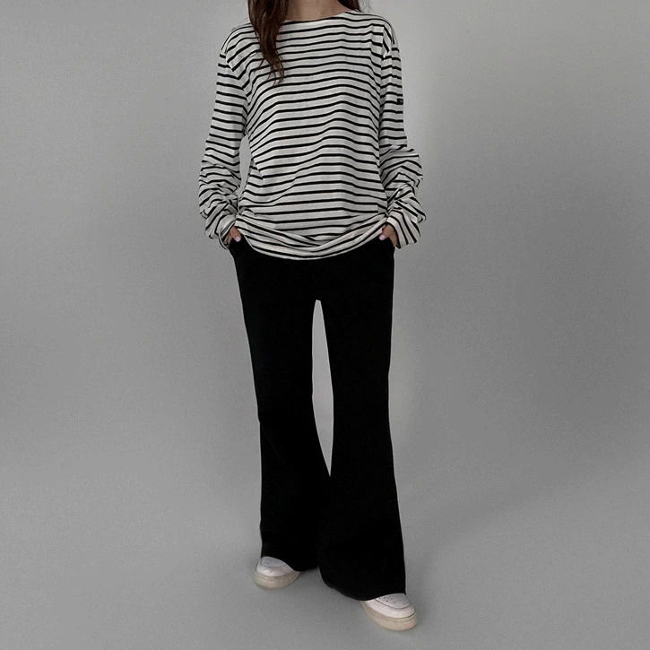 Label Striped Boat Neck Cotton T-shirt