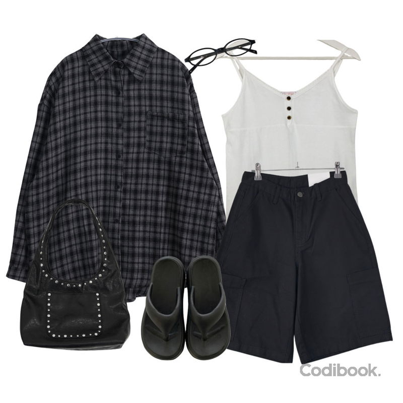 wonderwonder 푸르 너드 긱시크 라운드 뿔테 안경,EEZEE Loose Fit Check Shirt SH002,DAILYJOU 리리움 스터드 숄더백등을 매치한 코디