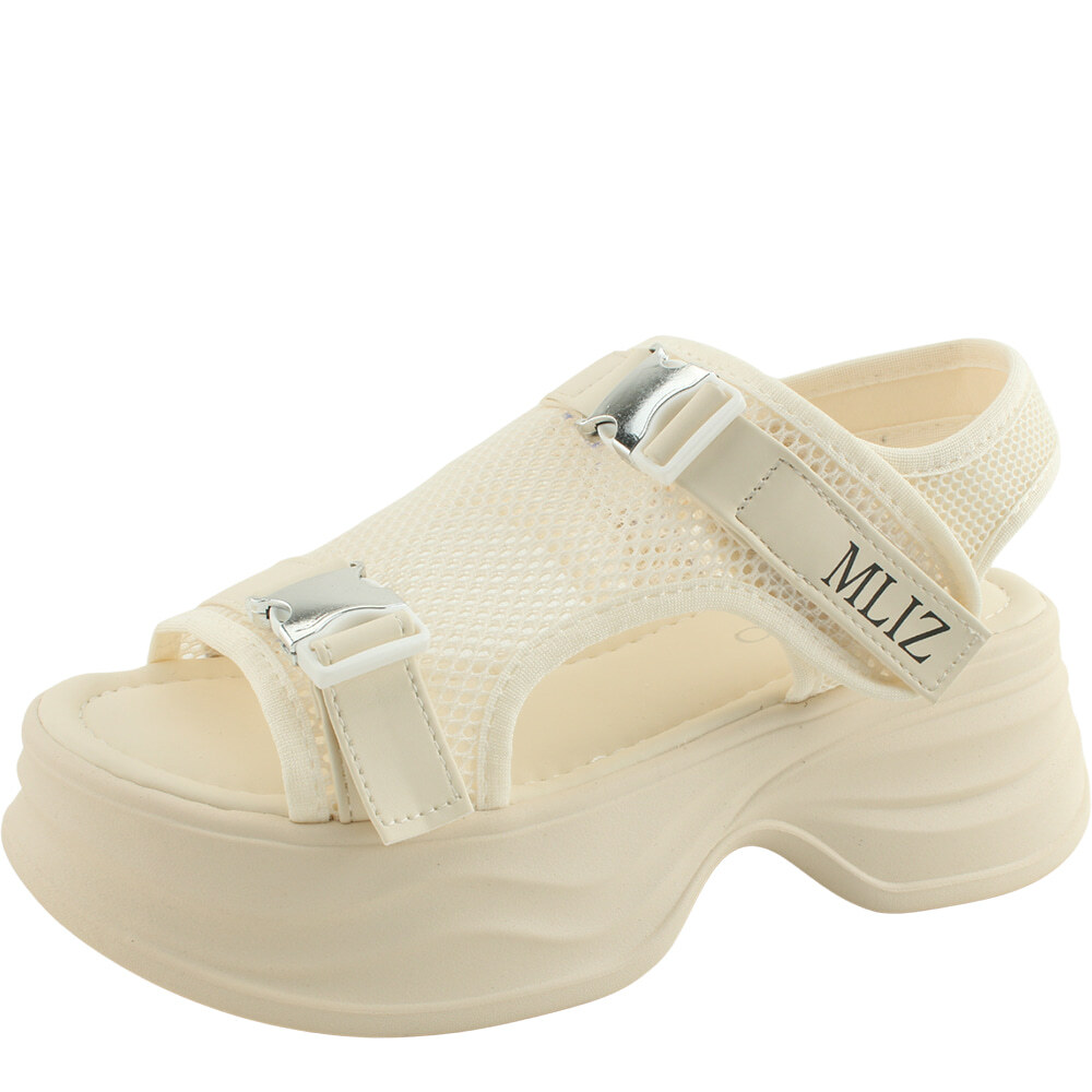 Mesh mesh platform mid heel sandals 6cm beige