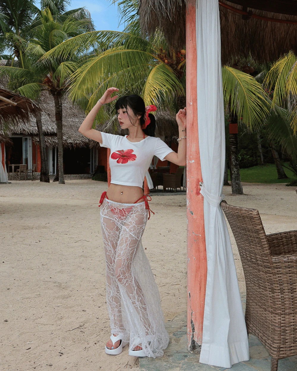 레이스 시스루 A라인 맥시 롱스커트