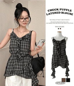 Checked Ankle Ruffle Layered Sleeveless Bustier Blouse