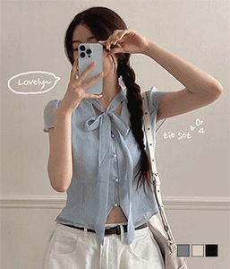 Lin Pearl Tie Strap Cap Sleeve Short Sleeve Blouse