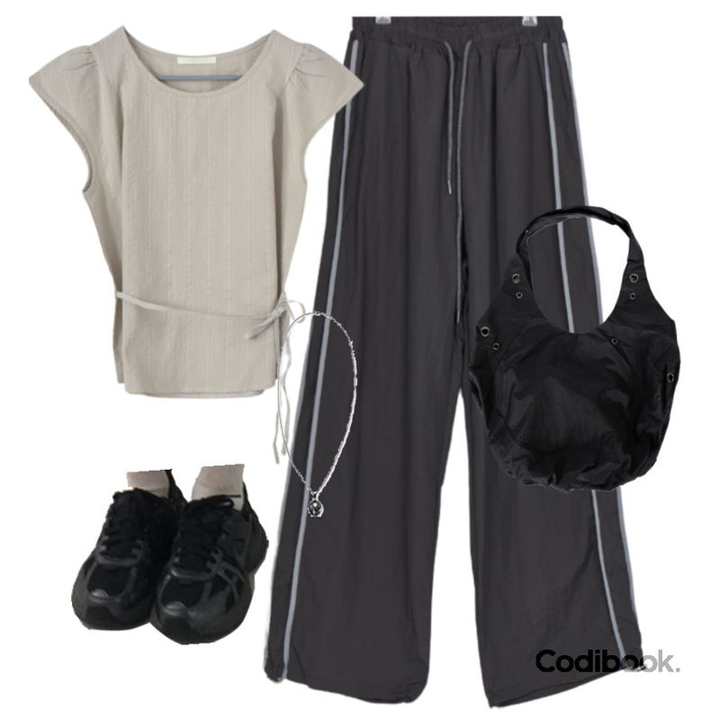 DAILYJOU 알렌 빈티지 원석 네크리스,porterna 코넛 아일렛 빅 숄더 백,EEZEE Puff Sleeve Waist-Tie Shirt SH012등을 매치한 코디