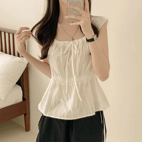 Marisa Frill Ribbon Shirring Banding Crop Bustier Sleeveless