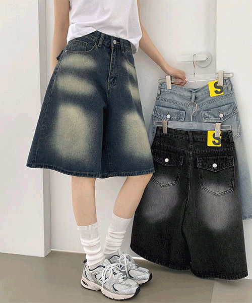 백포켓 워싱 버뮤다 A라인 6부 데님 반바지