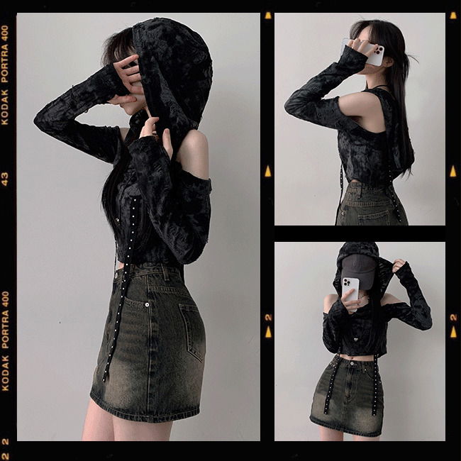 Lower Damage Strap Hooded Shoulder Slit Long Sleeve T-shirt