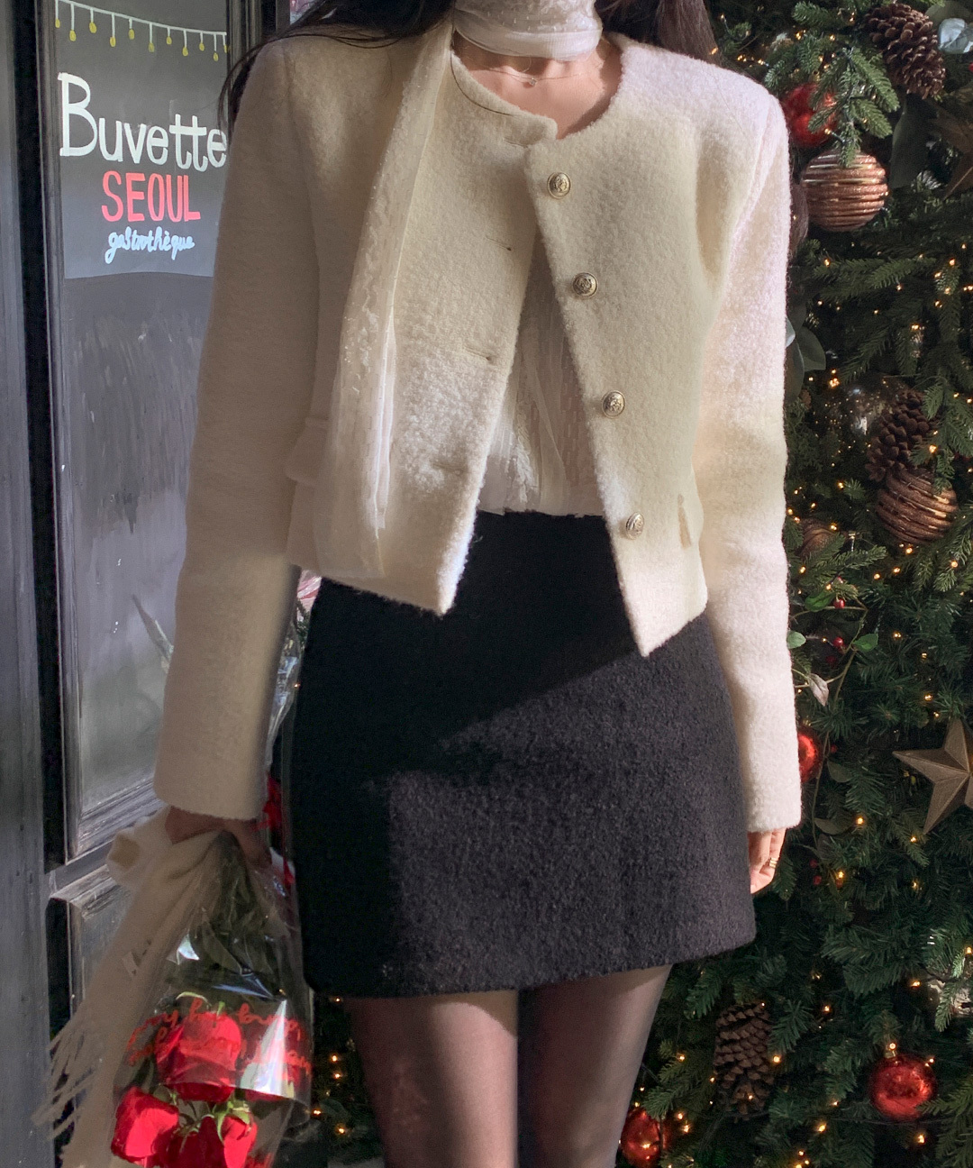 Perian guest look no collar wool buckle gold button short jacket