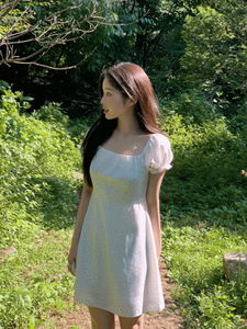 Celine Flower Square Neck Shirring Frill Flare Mini Dress (2 Colors)