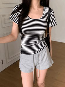 Cheese Square Neck Stripe Modal Spandex Short Sleeve T-Shirt (2 Colors)