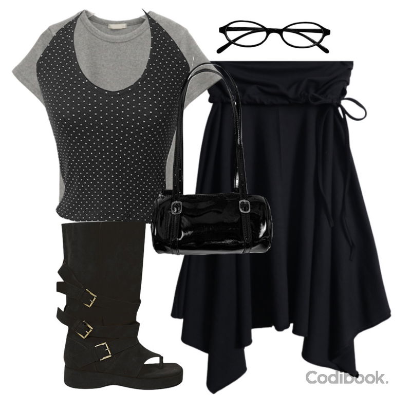 anyonemore 안드 라운드 뿔테 긱시크 안경,EEZEE Unbalanced Flare Skirt SK002,binary01 에비뉴 버클 워머 부츠등을 매치한 코디