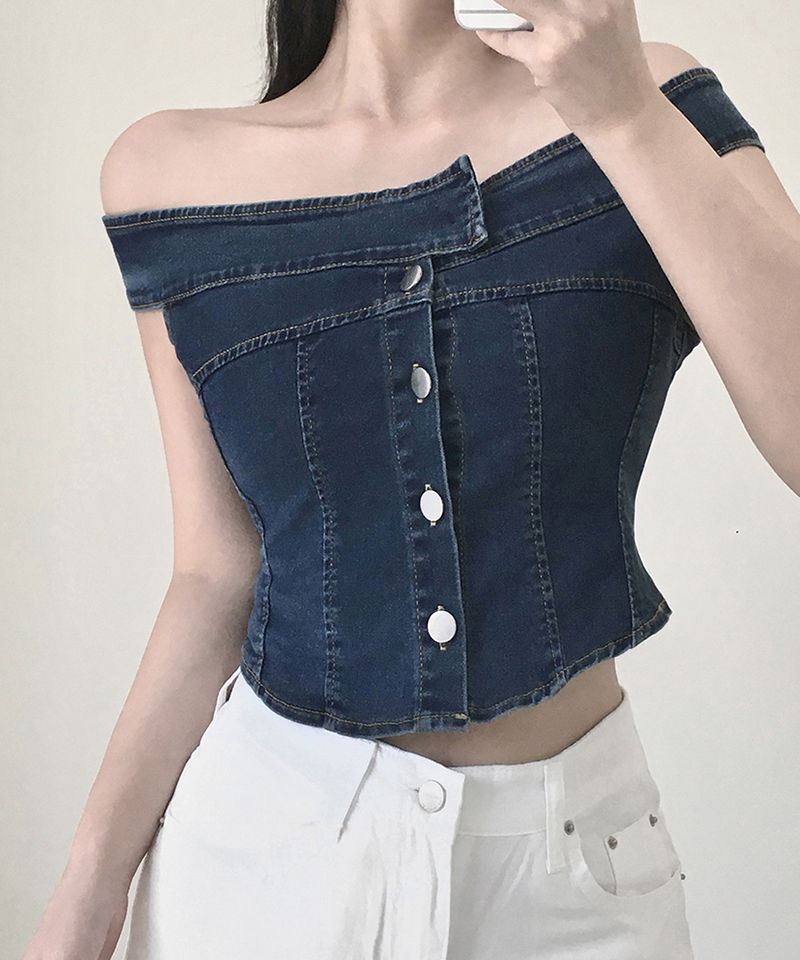 까디 데님 오프숄더 버튼 튜브탑