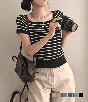 NFP Back Ribbon Linen Boucle Square Neck Short Sleeve Knitwear