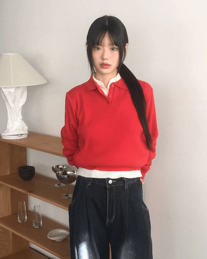 Large collar button slim fit knitwear