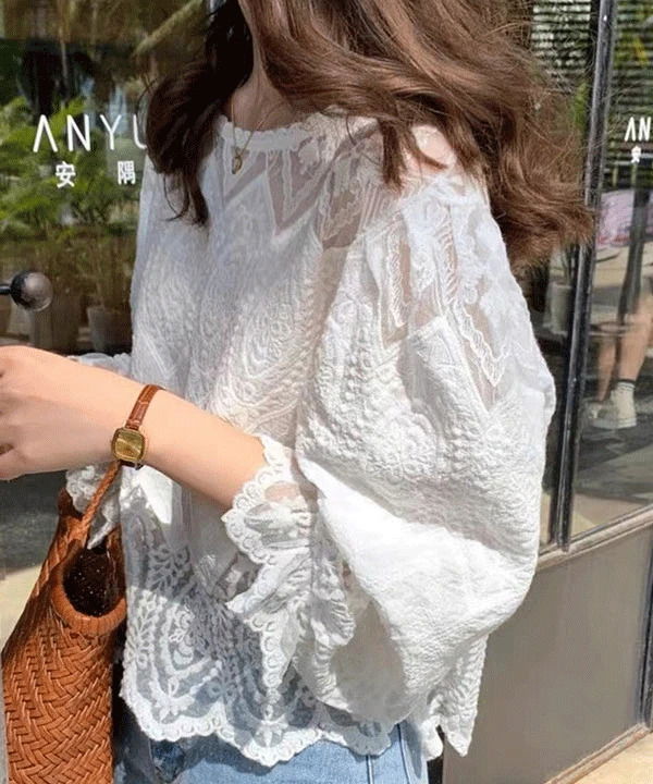 Lerrian See-Through Flower Lace Blouse