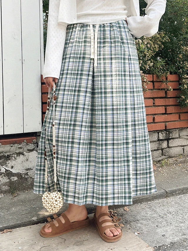 빅사이즈 S-XL 파크라 썸머 빈티지 체크 핀턱 밴딩 롱 스커트