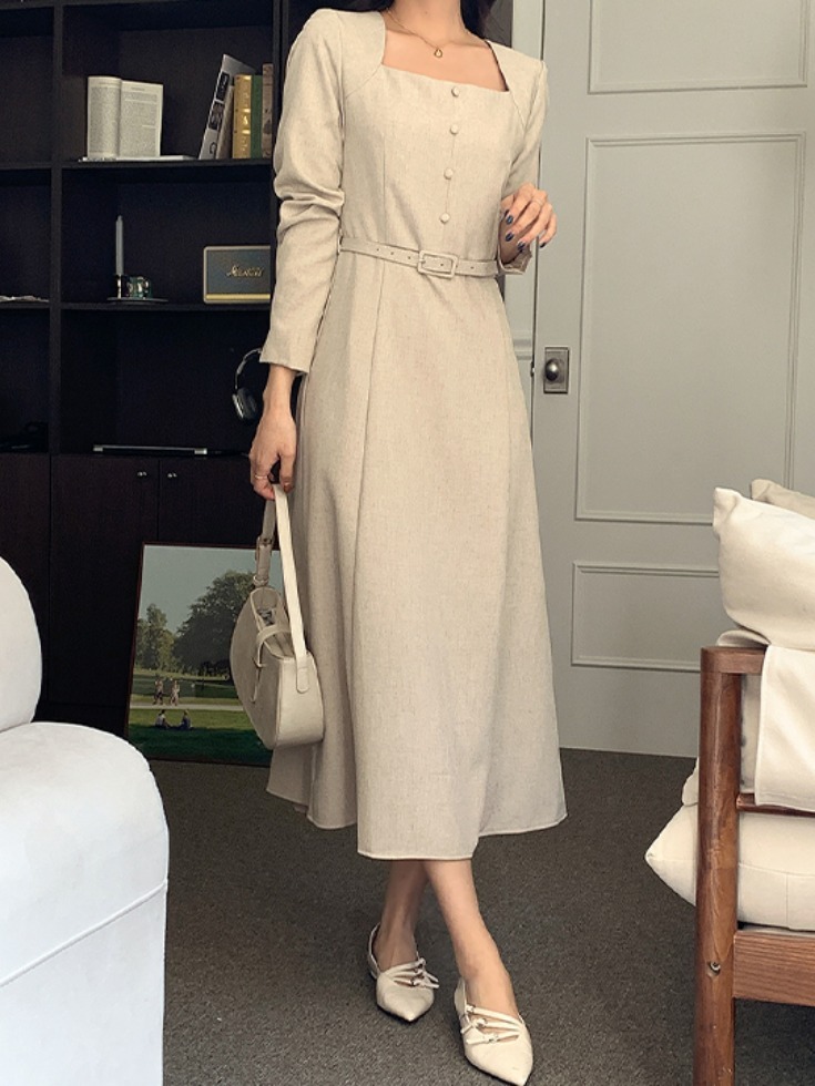 Derchenb Square Neck Belt Set Long One Dress 長洋裝