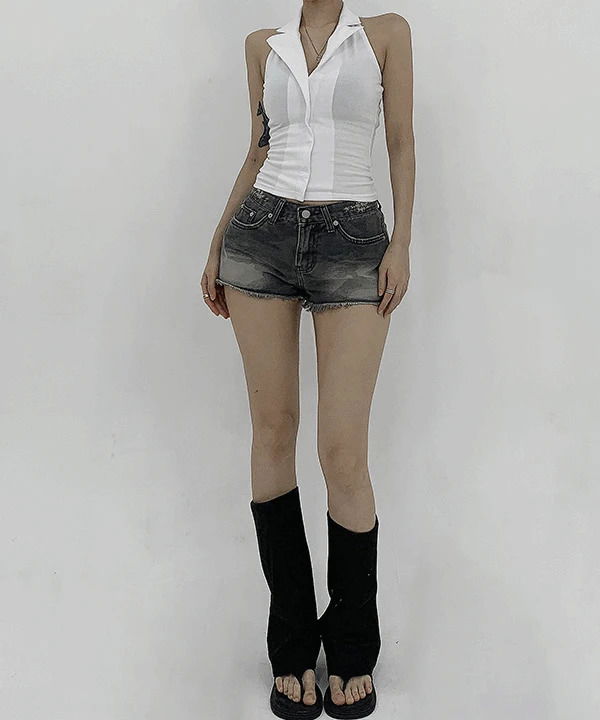 카모 유니크 컷팅 빈티지 데님 핫팬츠