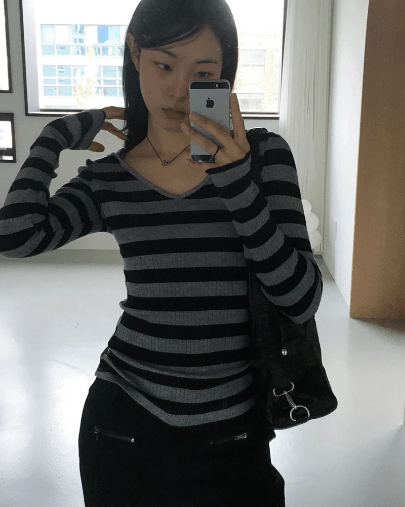 異材質拼接V領長袖上衣