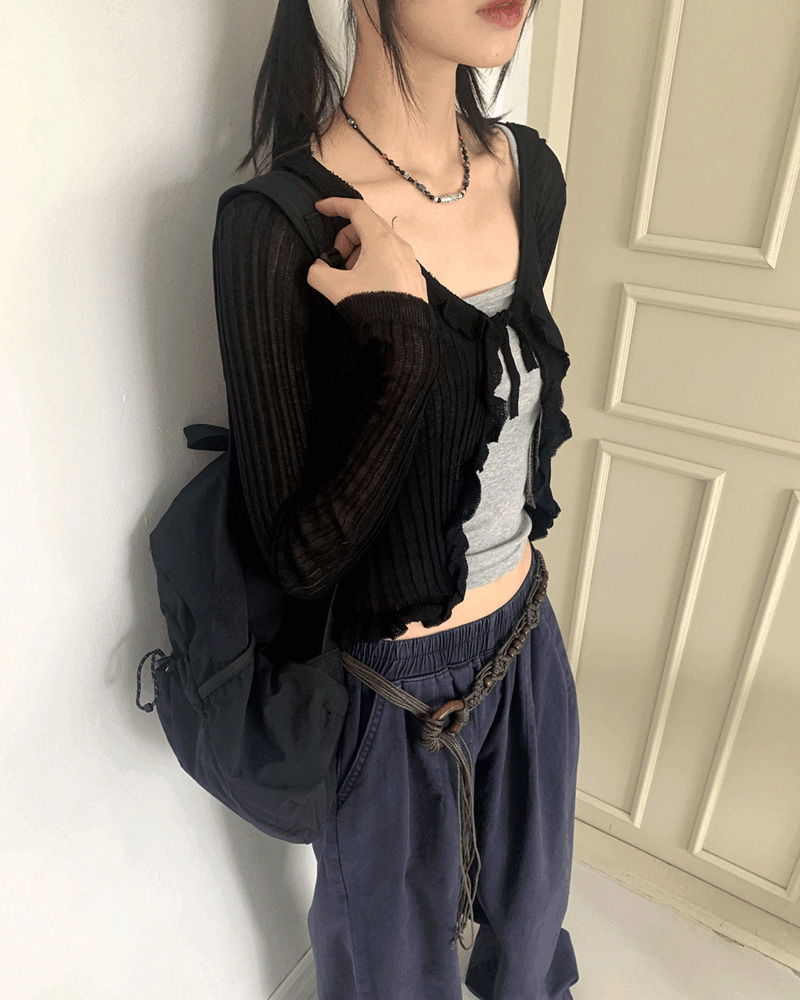 薄紗V領細肩帶長版針織開衫