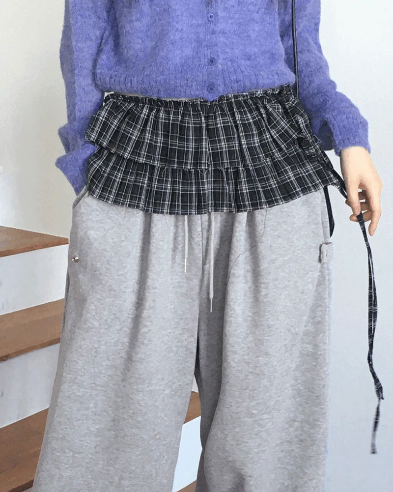 拼接格紋微型短裙附腰帶