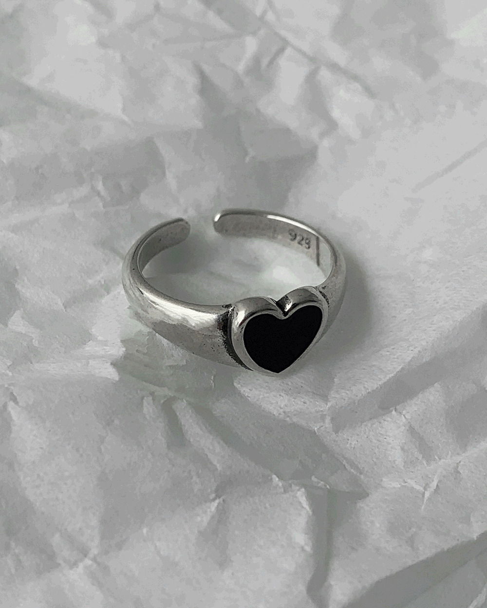 Bold black heart silver ring ring