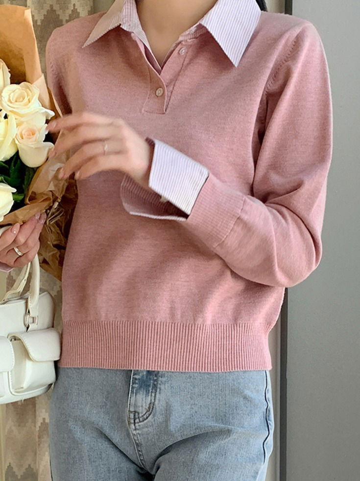Chicteen Stripe Color Block Shirt Layered Knitwear 針織衫