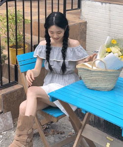 格紋單肩設計襯衫