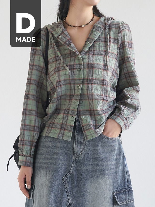 Big size 55-99 Nerdy ringle hood shirring check shirt long sleeve Shirt jacket