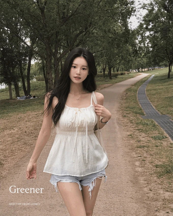그리너 유넥 리본스트링 셔링 스모크밴딩 허리잘록 플레어 안감 살랑 나시 블라우스