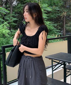 Ronette Ribbon Shirring Crop Sleeveless Blouse -3color