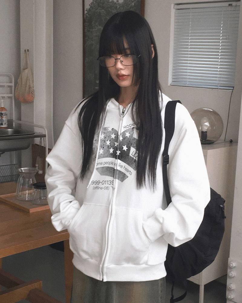 Some People Heart Flag Printing Overfit Long Sleeve Hooded Zip-up
