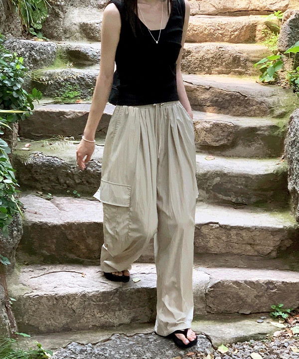 Betty Banding String Wide Nylon Cargo Pants -4color
