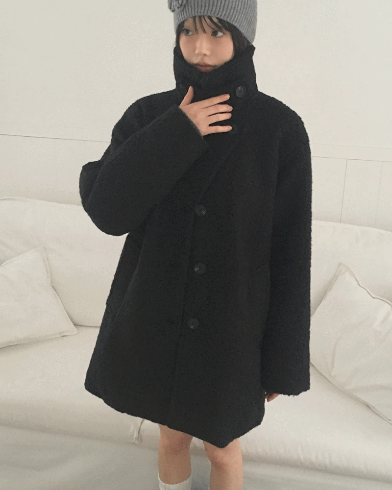 黑色羊毛混紡捲毛立領長版大衣