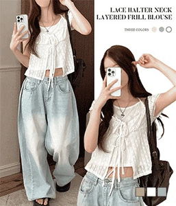 Gelin lace halter neck layered frill short sleeve blouse