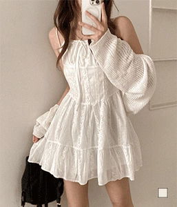큐티 리본 셔링 레이스 펀칭 캉캉 미니 나시 원피스