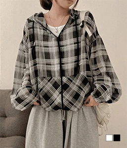 Worthy sheer chiffon wang boxy check hooded shirt