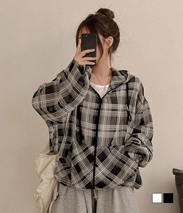 Worthy sheer chiffon wang boxy check hooded shirt