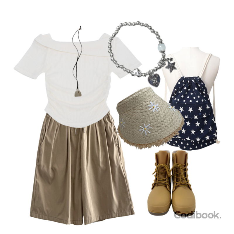 binary01 토리코 비즈 팔찌,WONLOG 아일 펜던트 네크리스,wannabemuse 플라워 수술 라피아 썬캡 밀짚 라탄 모자 여름 썸머 여행룩 휴양지룩 바캉스룩 비치웨어 휴가템등을 매치한 코디