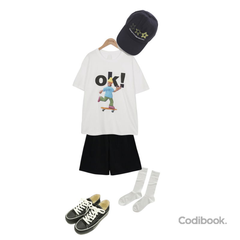 designershoes 캔버스 플랫폼 뮬 스니커즈 블랙화이트,ondeed 퓨콘 여름 시스루 골지 주름 삭스 양말,ondeed 옥히 OK 유니크 프린팅 오버핏 반팔 티셔츠등을 매치한 코디
