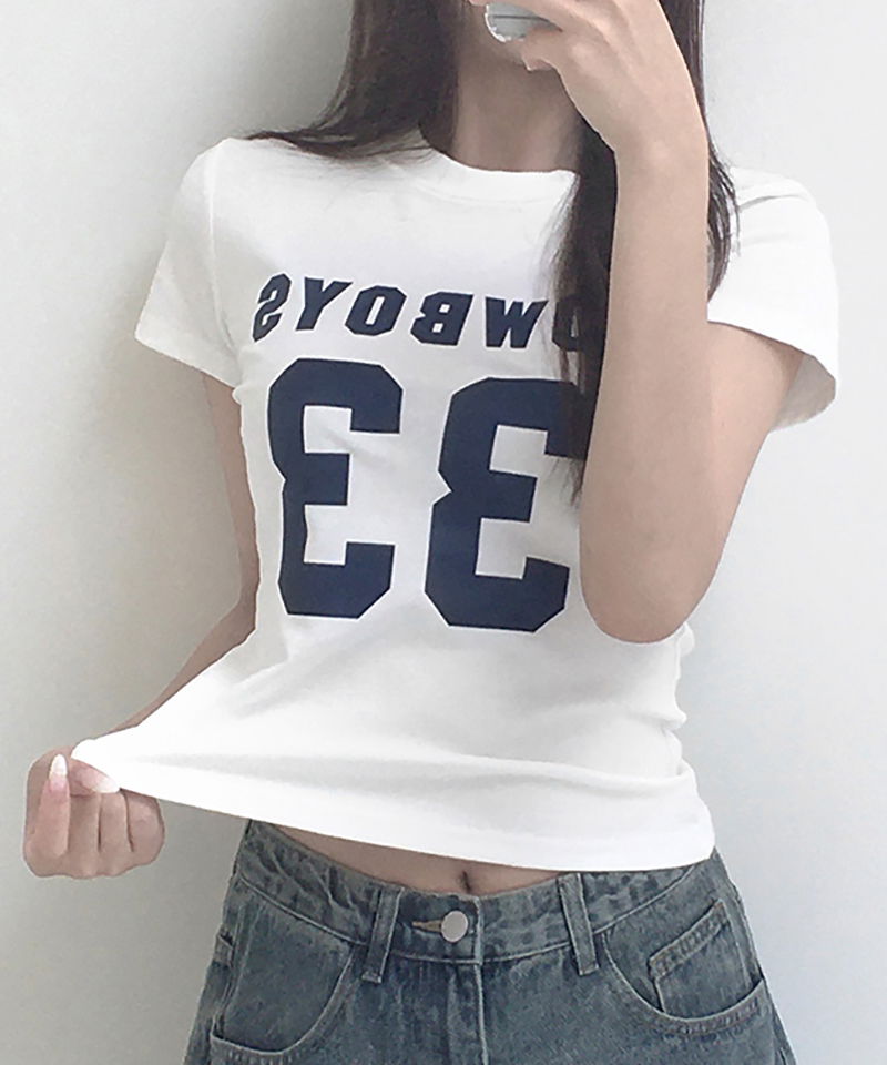 33牛仔字母印花圓領短袖T恤