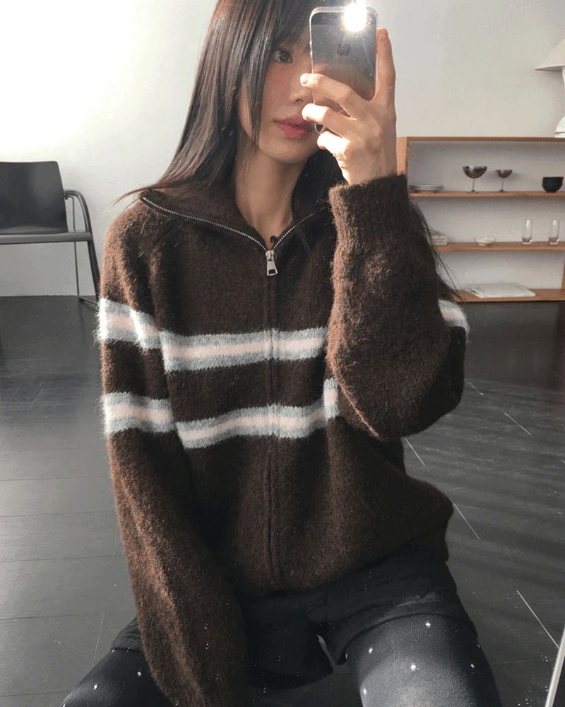 Laport Line Stripe Two Way Knitwear Zip-up