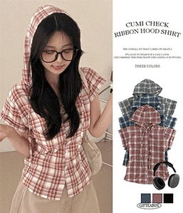 Kumi back ribbon hood check Shirt shirt