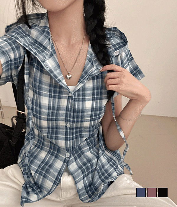 Kumi back ribbon hood check Shirt shirt