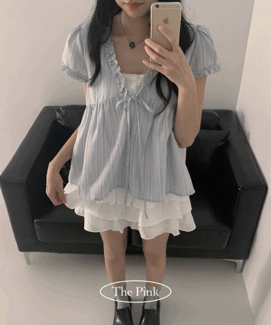 Hint Stripe Frill Ribbon Short Sleeve Blouse 衬衫