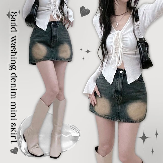 Rough Sand Cat Brush Mini Short Denim Skirt 裙子