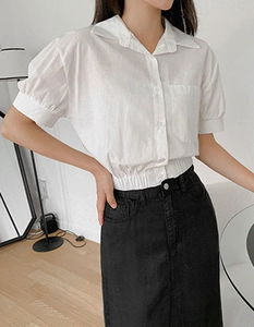 Waist-tight hem banding short-sleeved collar blouse