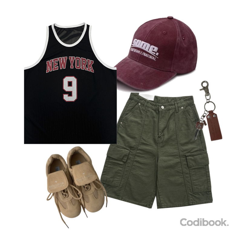 SOMEPLACE 베이직 썸 시그니처 빈티지 빅로고 자수 볼캡 모자,AAKE SMALL LEATHER KEYRING (brown / black),AAKE BASKETBALL MESH SLEEVELESS (charcoal / black)등을 매치한 코디