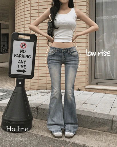 핫라인 로우웨스트 로우라이즈 브러쉬 워싱 뒷절개 청바지 부츠컷 롱 데님 팬츠