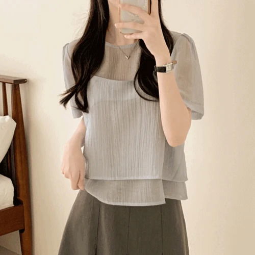 Prim Wrinkle Chiffon Bustier Short Sleeve Blouse Sleeveless Layered Set