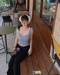 체크 레이스 스모크 밴딩 블라우스